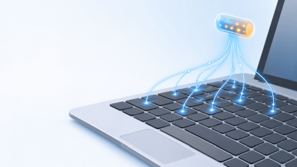 Stylised keyboard with a glowing trail of signals leaving the keys, illustrating how a keylogger copies keystrokes